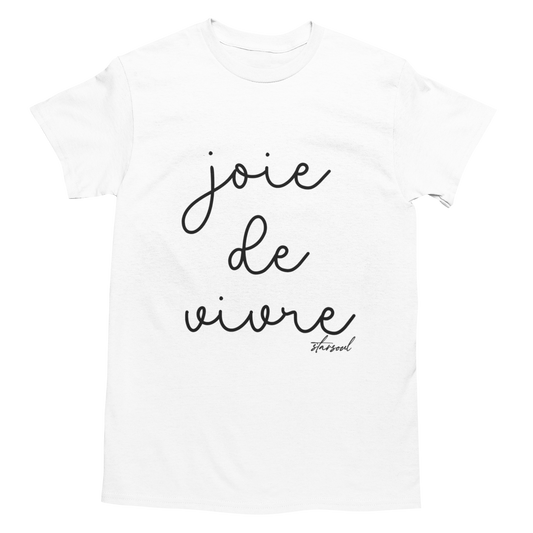 White t-shirt with 'joie de vivre' text on a white background