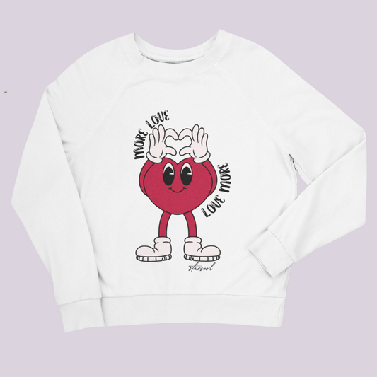 white sweatshirt with heart character "more love" "love more" design benefitting heart disease
