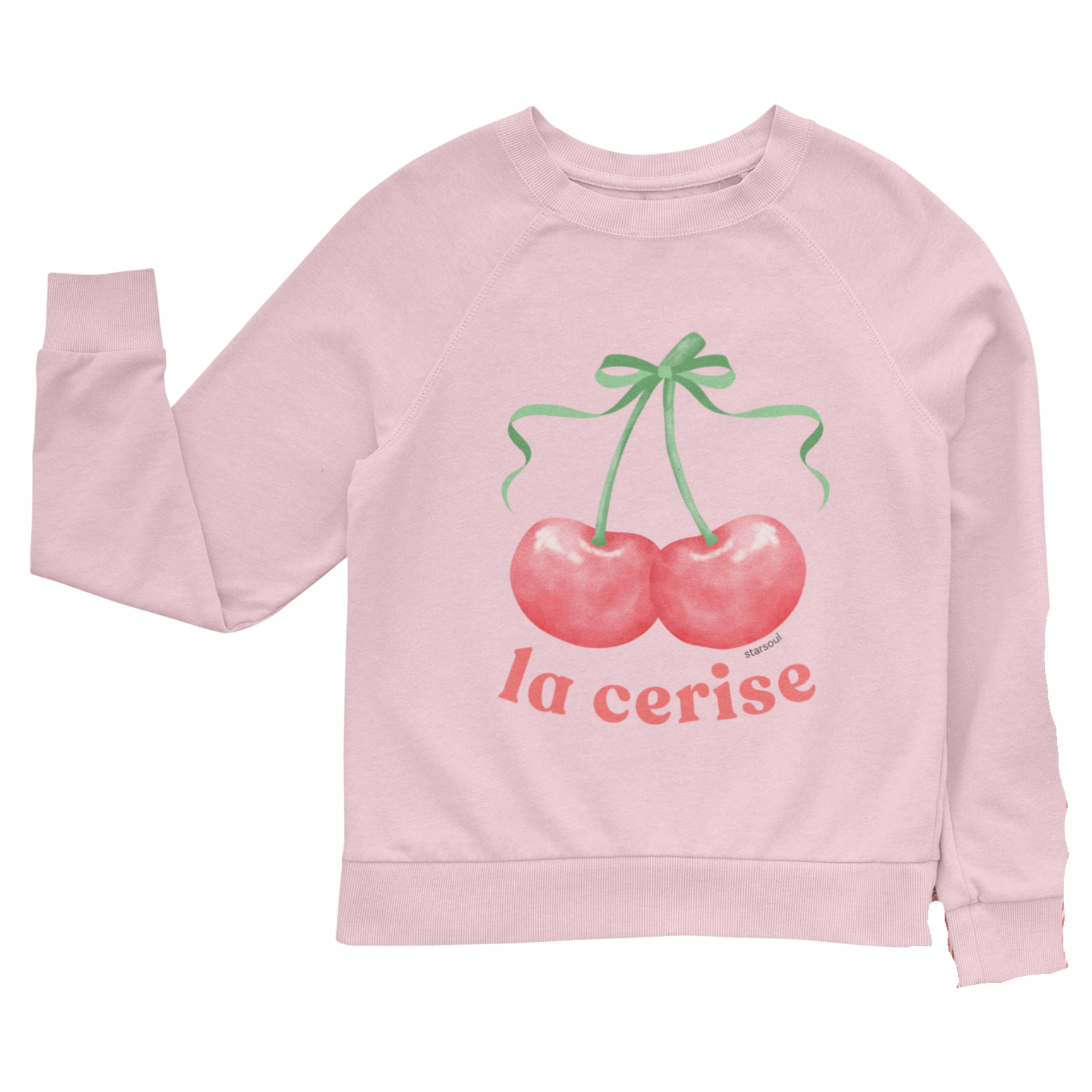 pink unisex sweatshirt with "la cerise" printed and chrries with a green bow