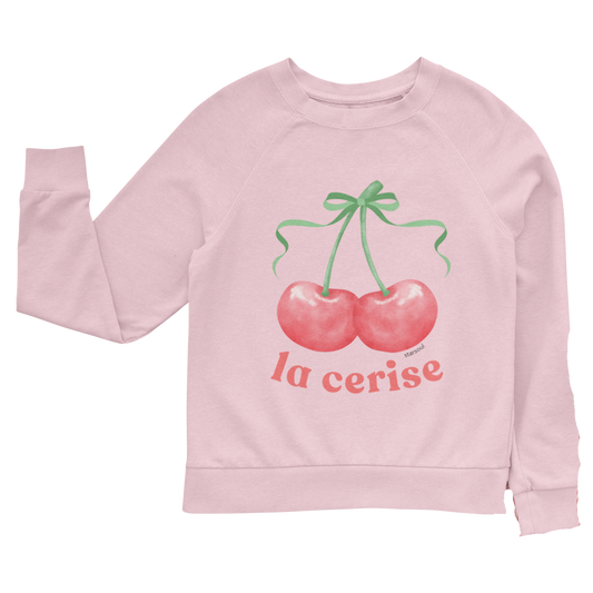 pink unisex sweatshirt with "la cerise" printed and chrries with a green bow