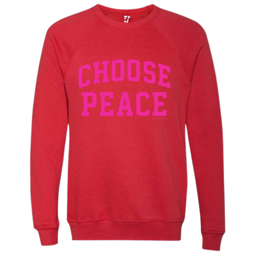 red “Choose Peace” sweatshirt – charity holiday apparel, each item donates 5 toys for kids in need.