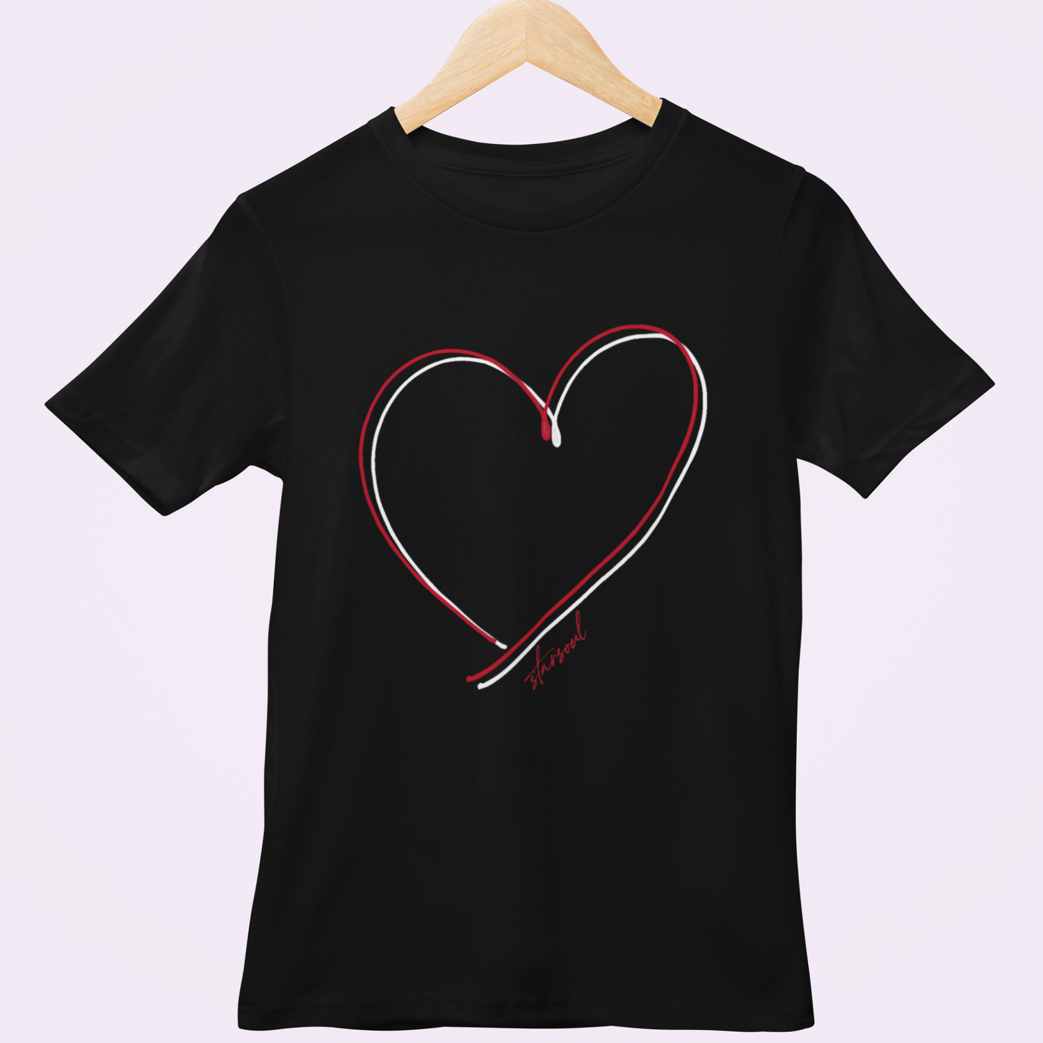 black charity t-shirt with red ad white double heart design for heart disease