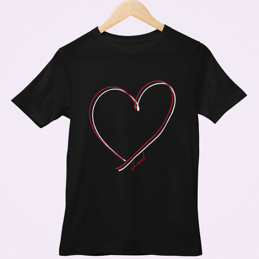 Charity t-shirt subscription box. All proceeds from each item support The Children's Heart Foundation, a 501(c)3&nbsp;founded in 1996,&nbsp;and&nbsp;is the country's leading organization solely dedicated to funding congenital heart defect (CHD) research. black charity t-shirt with red ad white double heart design for heart disease