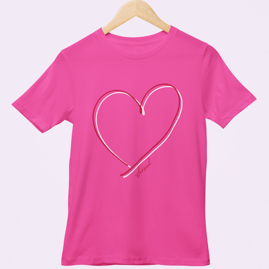 bright pink charity t-shirt with red ad white double heart design for heart disease