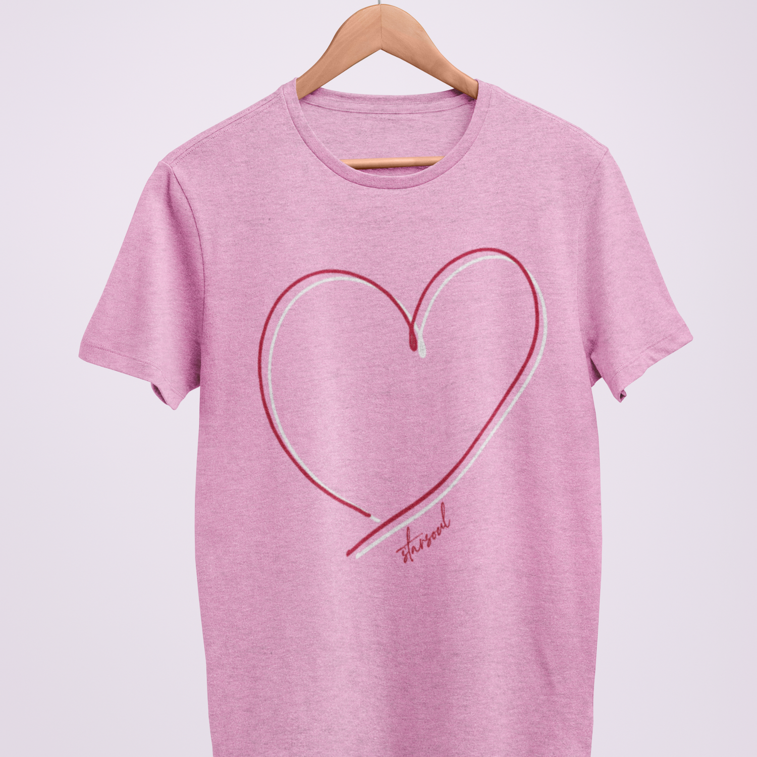 heather pink charity t-shirt with red ad white double heart design for heart disease, love valentine shirt
