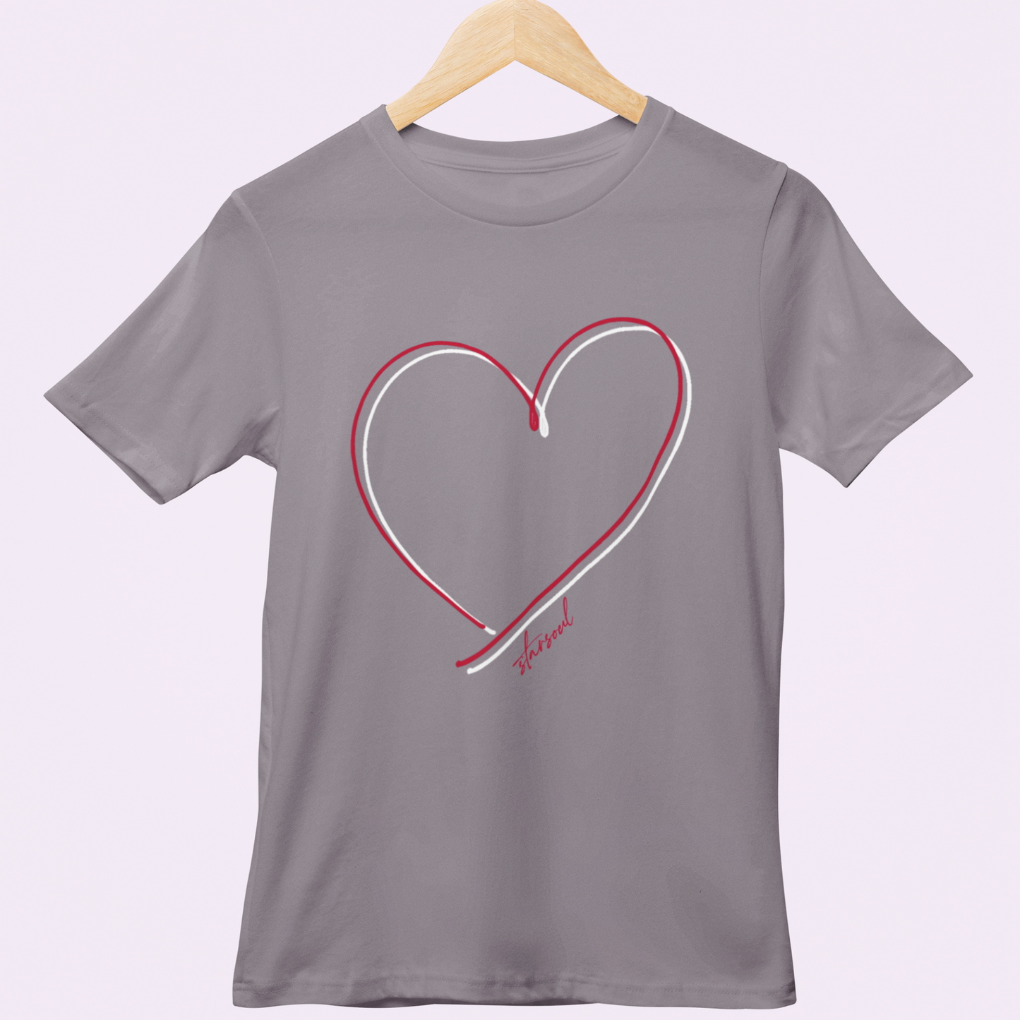 light grey charity t-shirt with red ad white double heart design for heart disease