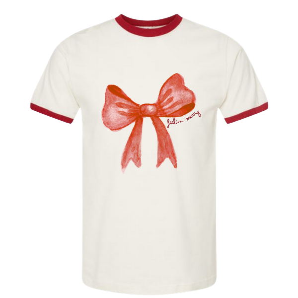 “Vintage Christmas bow ringer t-shirt with red holiday ribbon and ‘feelin’ merry’ script – charity tee providing 5 toys for children in need”