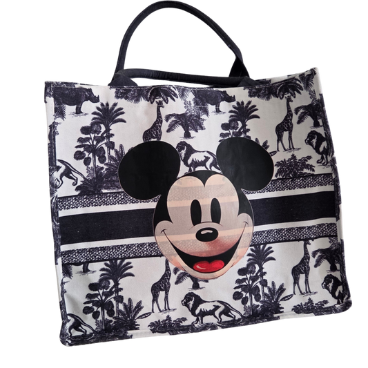 Vintage Mickey Safari Tote Bag | French Toile Disney Market Tote | Large Canvas Shopper