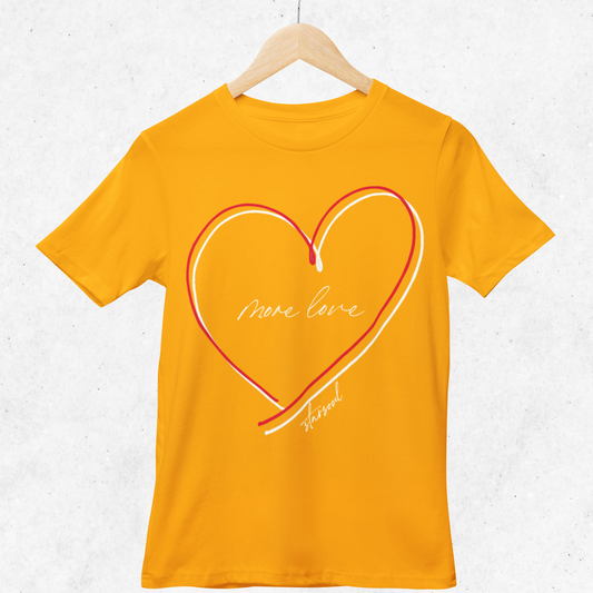 yellow gold shirt with red and white heart (text: more love).Every purchase from the #KCstrong collection donates 100% of the proceeds to the Kansas City Strong emergency fund created by the Chiefs and the United Way of Kansas City.