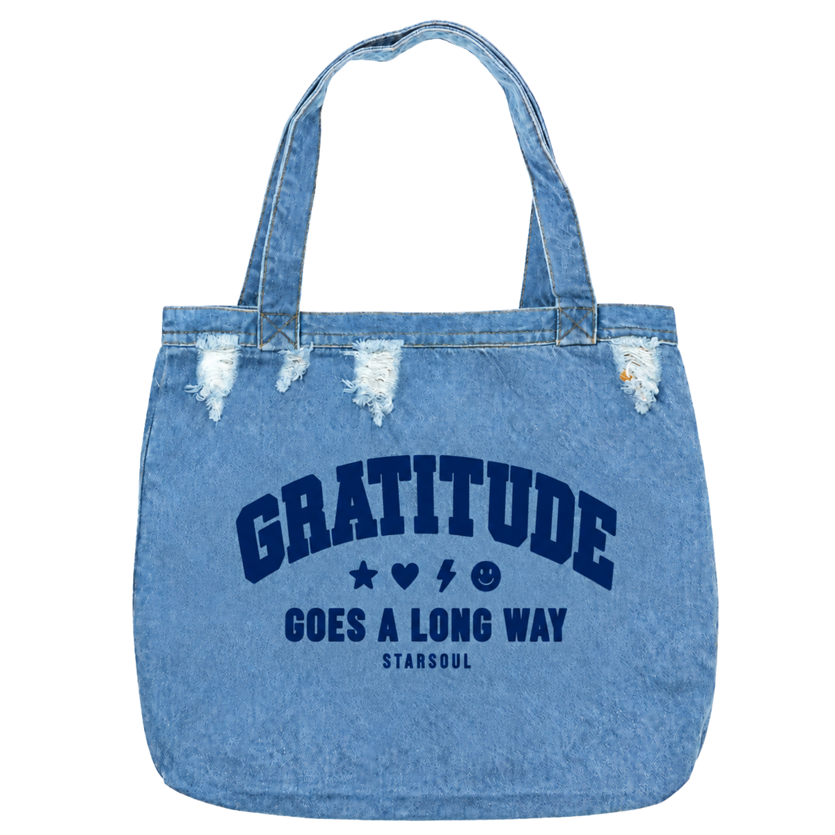 gratitude distressed denim tote bag | feeding families