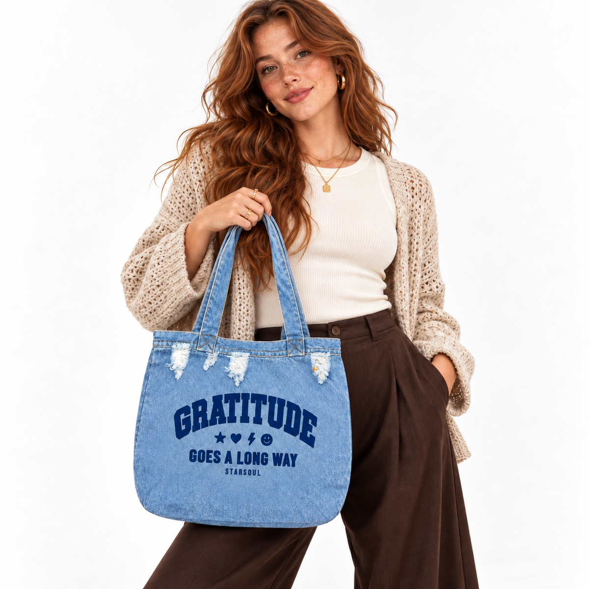 gratitude distressed denim tote bag | feeding families