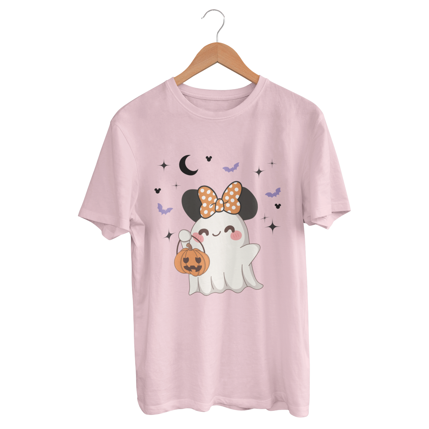 Pink t-shirt with a happy cute ghost wearing Minnie ears with bow holding a pumpkin 