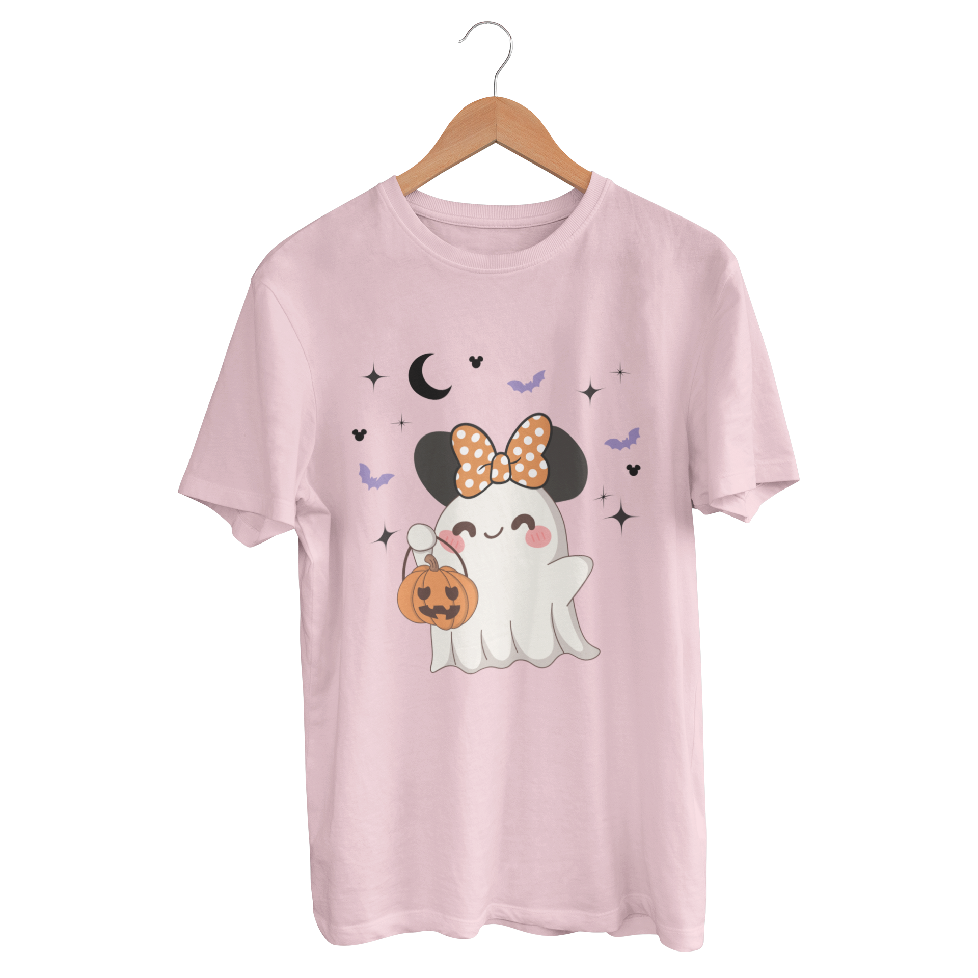 Pink t-shirt with a happy cute ghost wearing Minnie ears with bow holding a pumpkin 