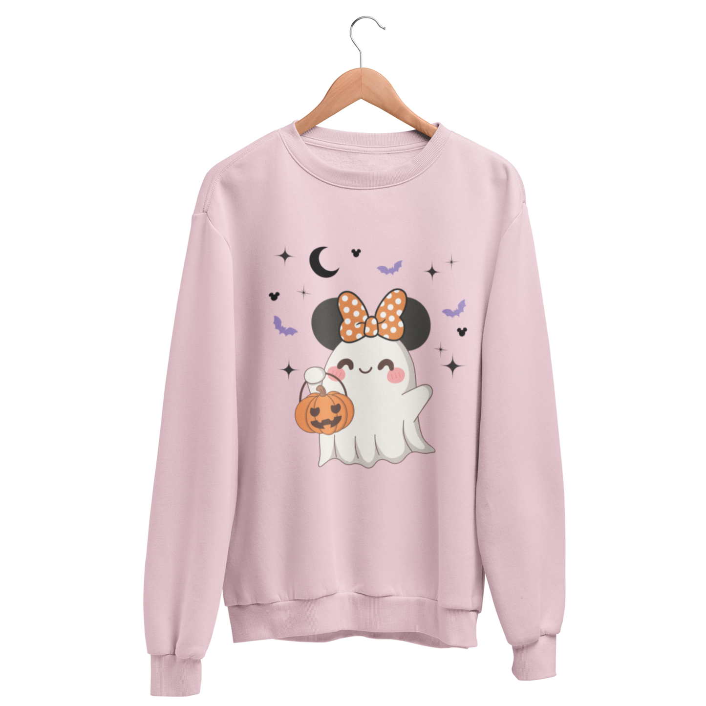 Pink sweatshirt with a happy cute ghost wearing Minnie ears with bow holding a pumpkin 