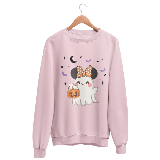 Pink sweatshirt with a happy cute ghost wearing Minnie ears with bow holding a pumpkin 