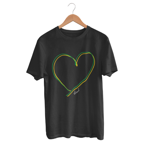 black t-shirt with hand-drawn heart in Jamaica flag colors – charity Hurricane Melissa relief fundraiser shirt supporting Jamaica disaster recovery.
