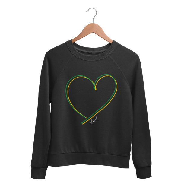 Black sweatshirt with Jamaica-colored heart graphic – Hurricane Melissa Jamaica relief charity sweatshirt raising funds for disaster aid.
