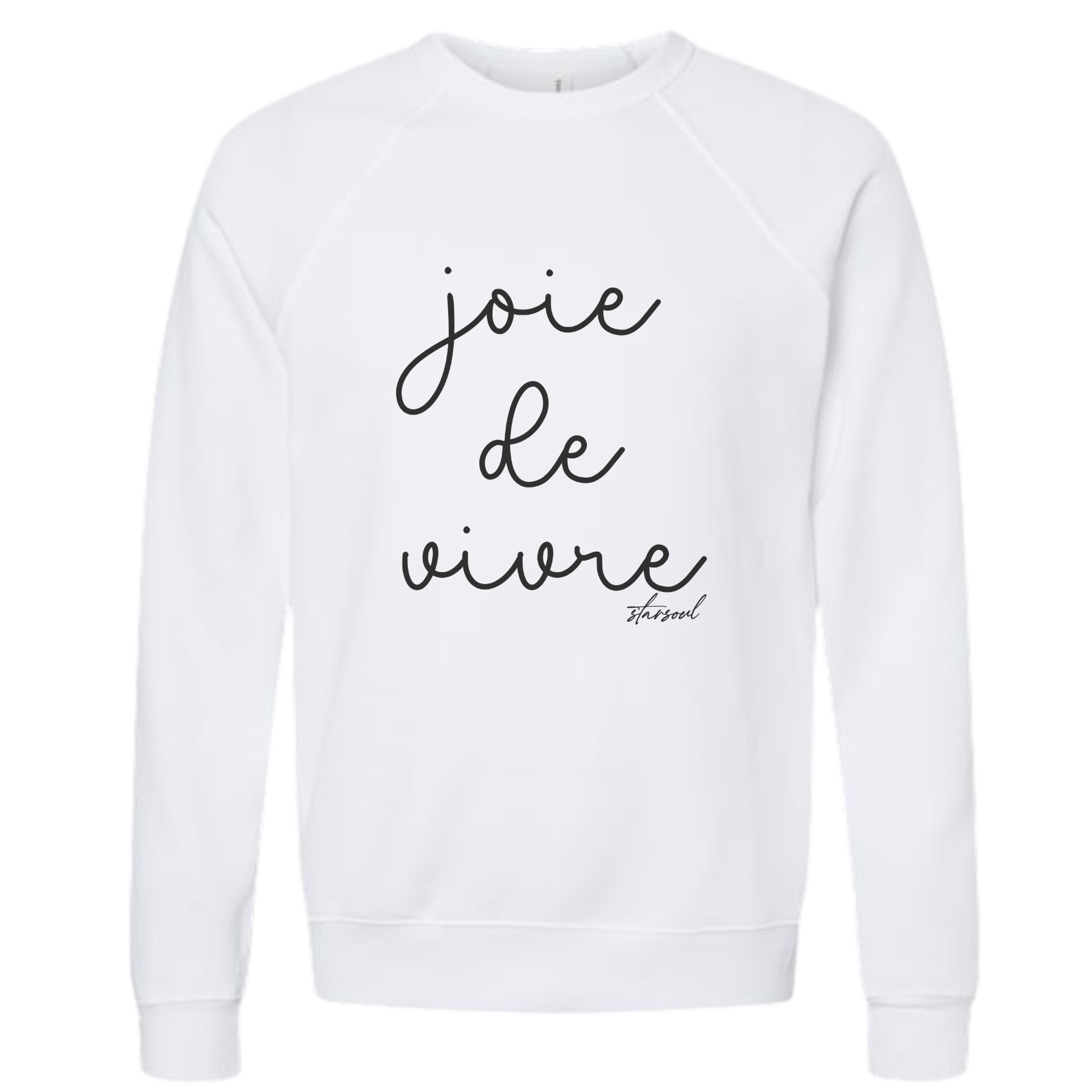 White sweatshirt with 'joie de vivre' text 