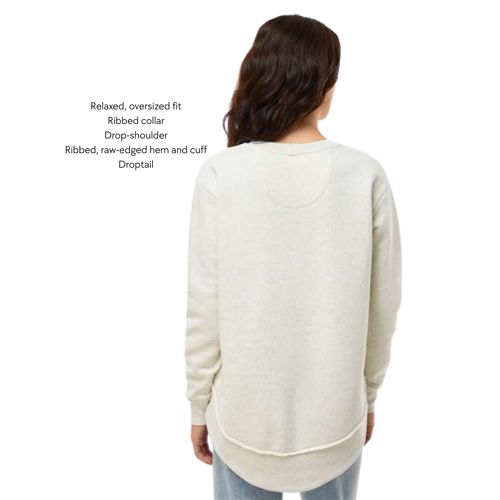 Woman wearing a beige sweater with text describing its features on a white background