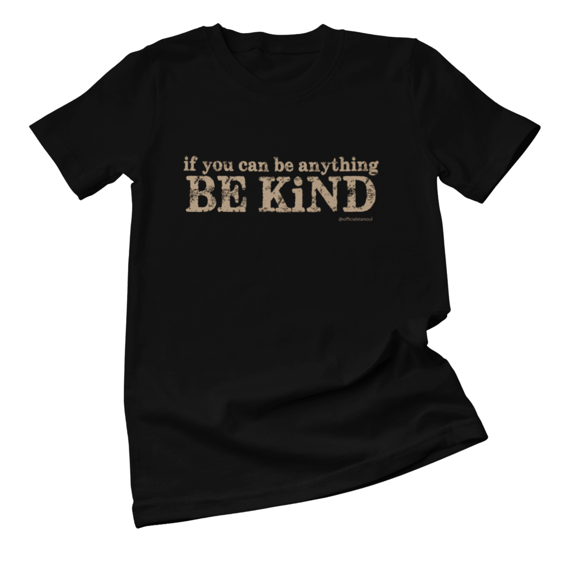 Black unisex t-shirt with 'if you can be anything BE KIND' text in a goldish tan color for pediatric cancer