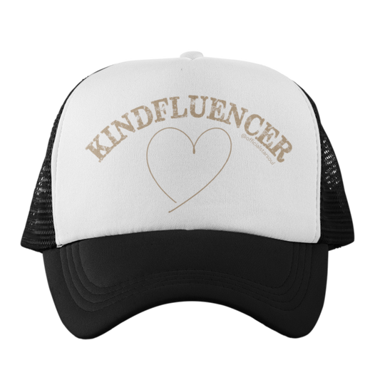 White and black cap with 'KINDFLUENCER' text and heart handdrawn