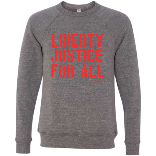 Gray sweatshirt with red text 'LIBERTY JUSTICE FOR ALL' on a white background. Ethical apparel supporting immigrant communities”