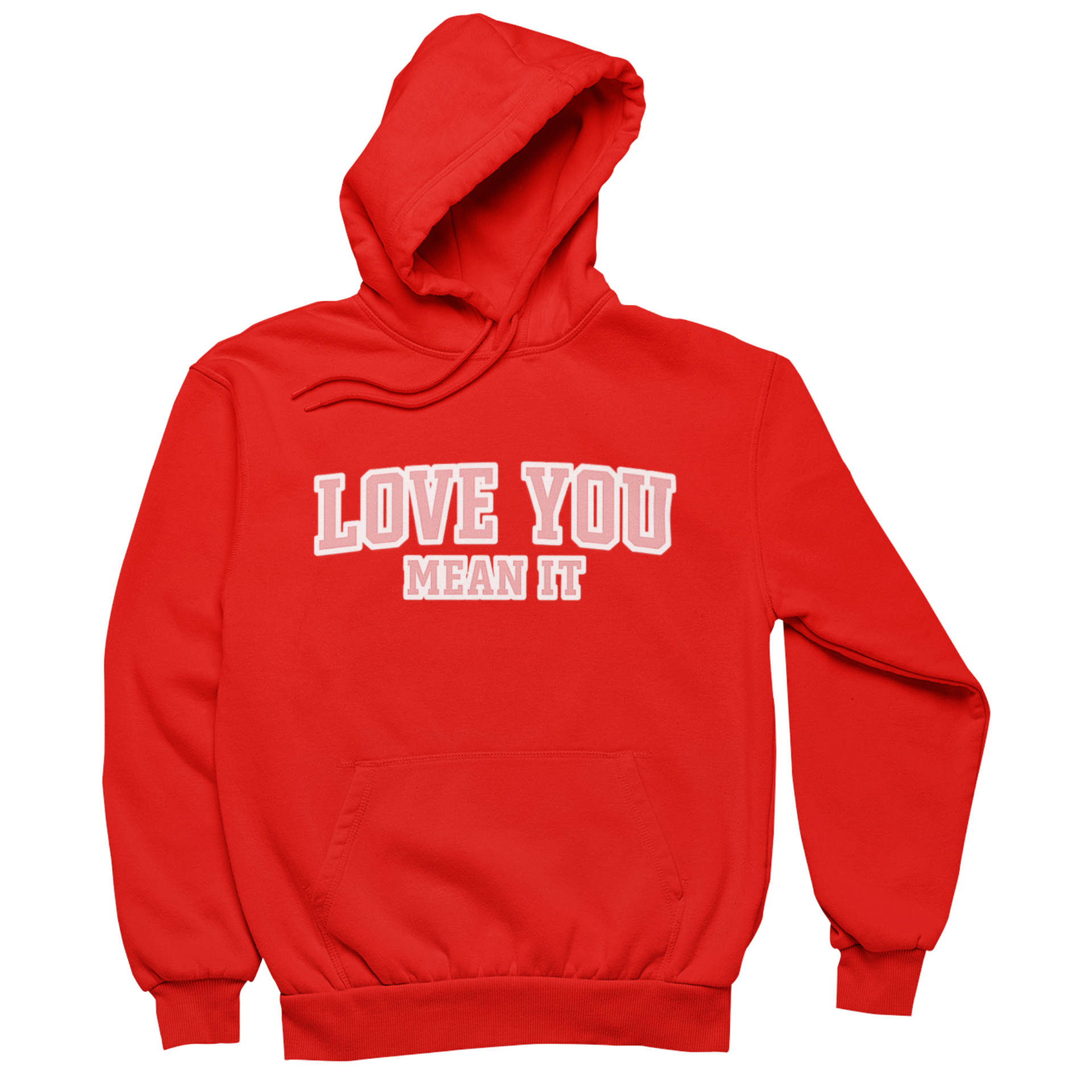 Love You Mean It charity hoodie in red Valentine’s apparel supporting global healthcare programs