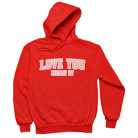 Love You Mean It charity hoodie in red Valentine’s apparel supporting global healthcare programs
