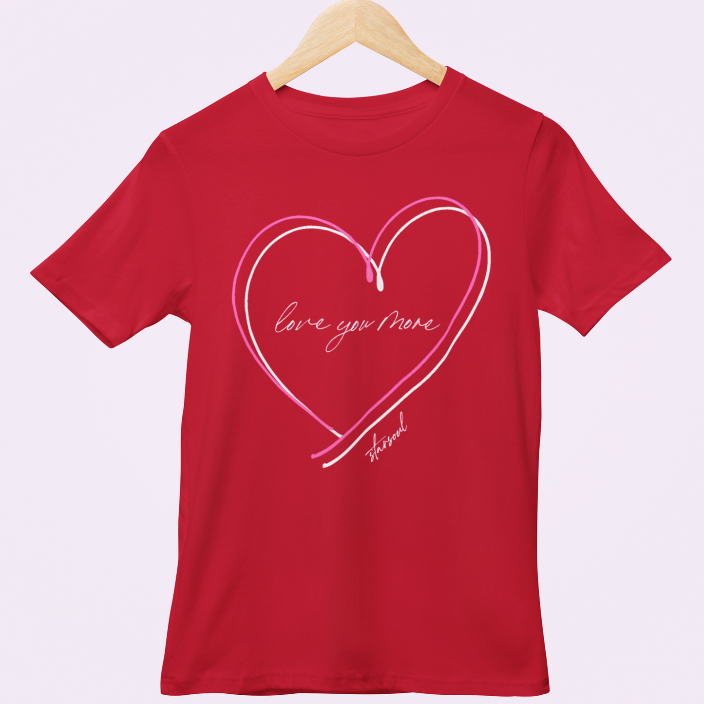 All proceeds from each item support The Children's Heart Foundation. Red shirt with hearts that say Love You More