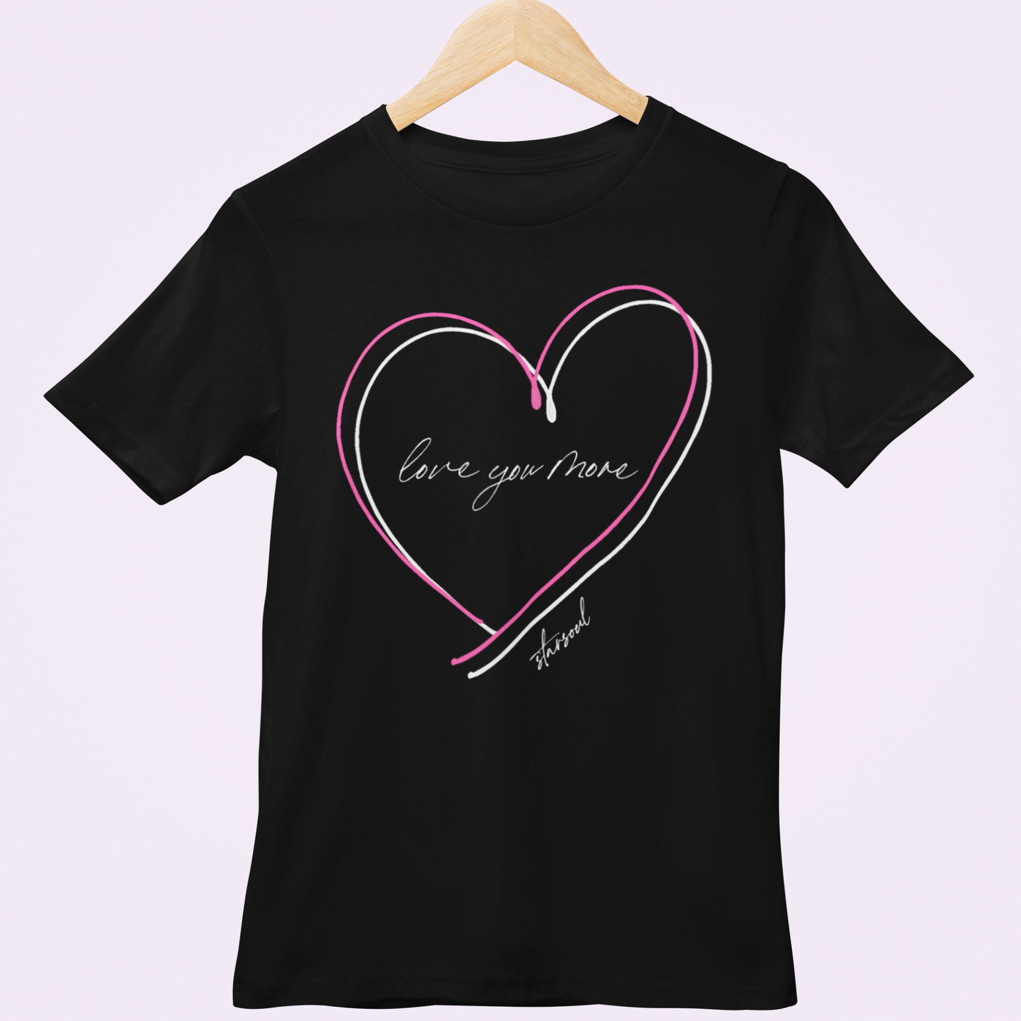 black charity t-shirt with pink and white hearts and "love you more" in cursive,benefitting heart disease,  heart disease, love valentine shirt