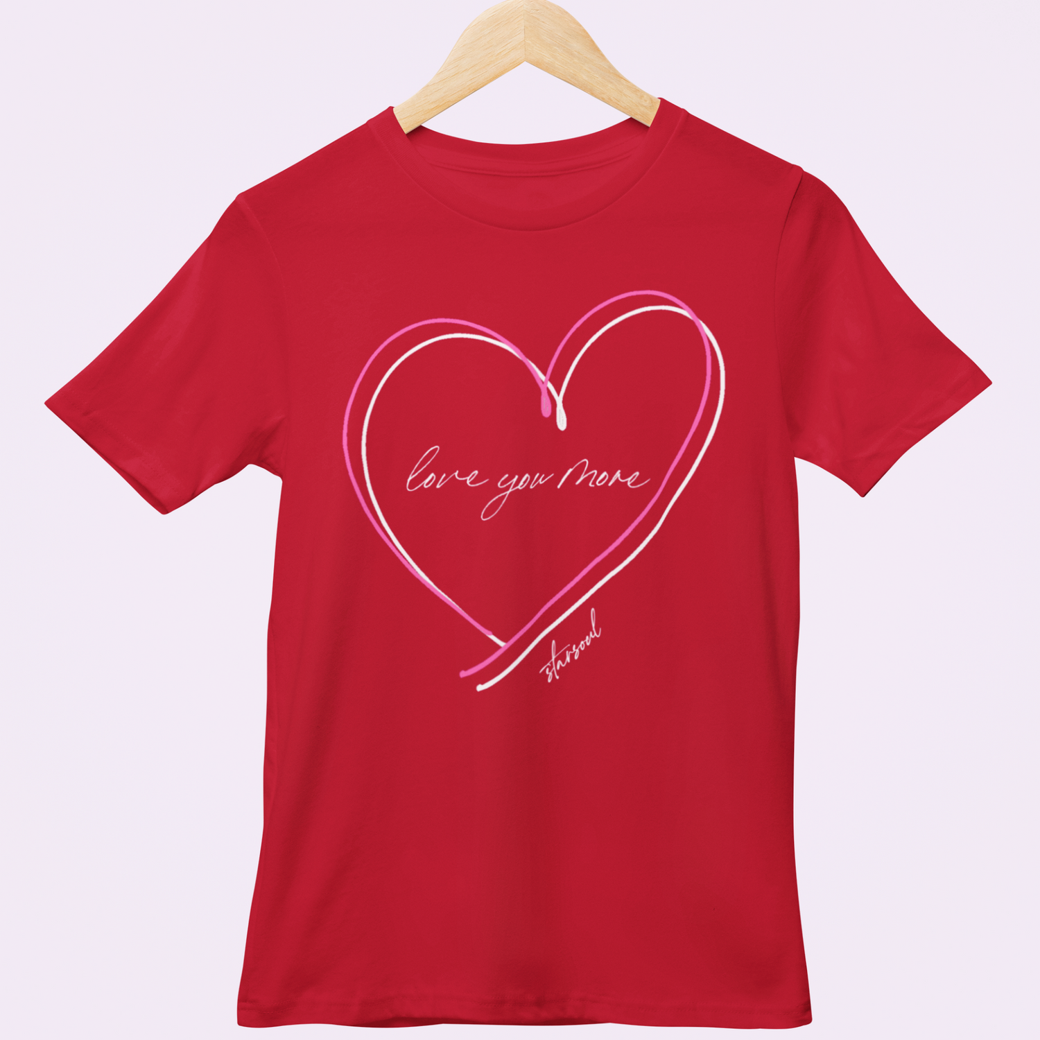 red charity t-shirt with pink and white hearts and "love you more" in cursive,benefitting heart disease,  heart disease, love valentine shirt