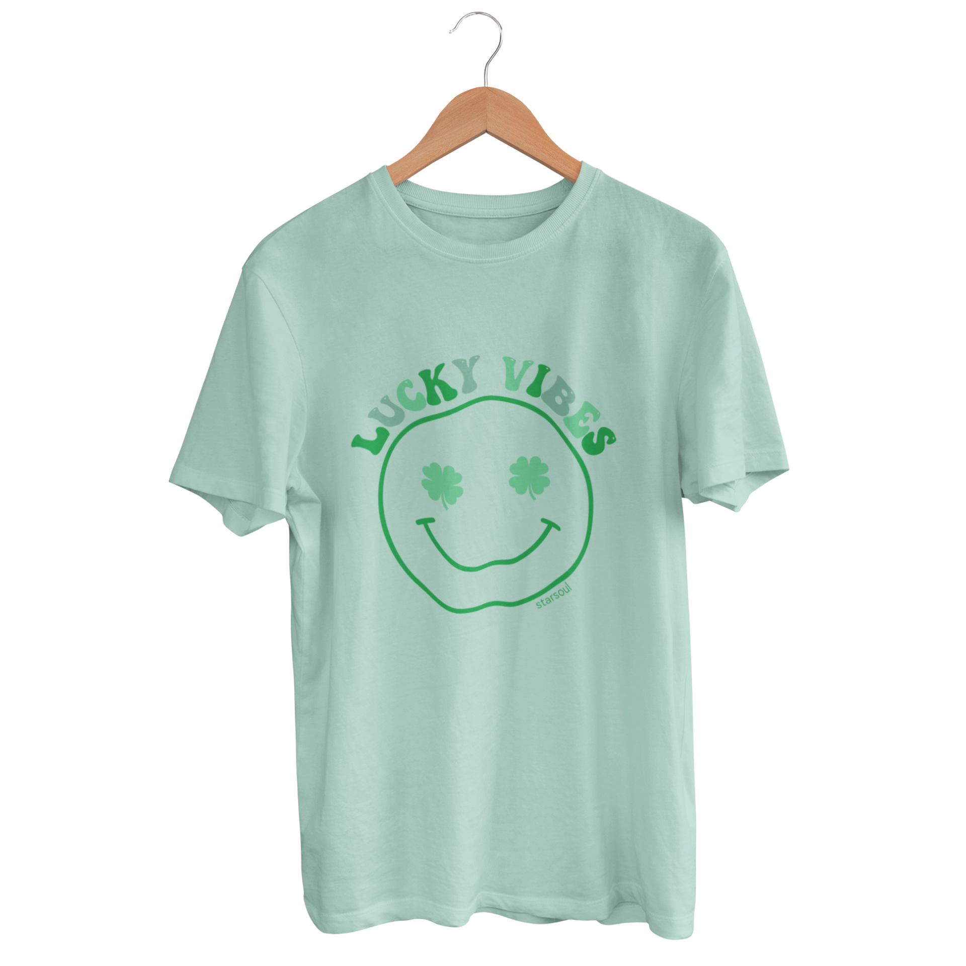 mint t-shirt with lucky vibes printed featuring smiley face and clover eyes all proceeds go to supporting moms in need charity