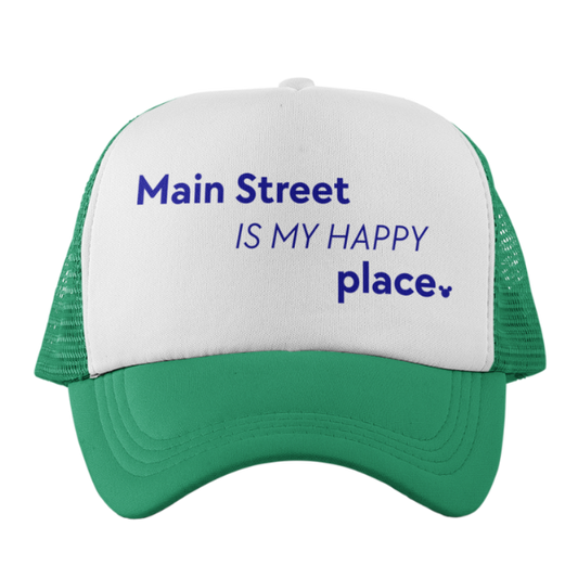 Green and white cap with text 'Main Street IS MY HAPPY place.' 
