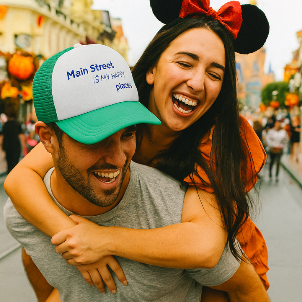 Disney inspired trucker hat with Main Street Is My Happy Place text