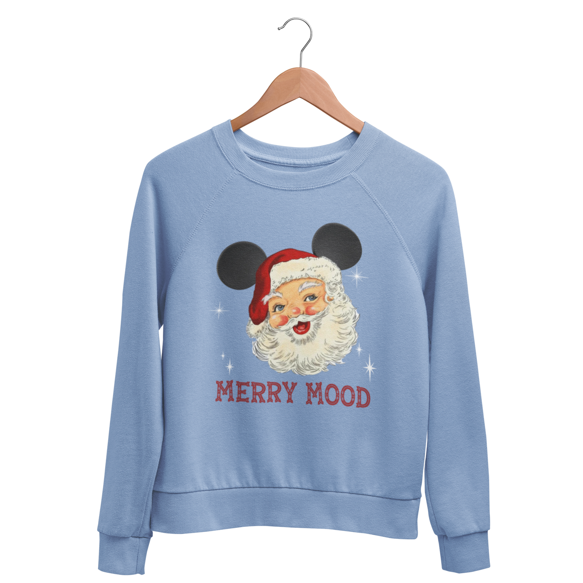 Blue sweatshirt with Santa Claus wearing Mickey ears and 'Merry Mood' text in a Christmas Font, perfect for Mickey's Very Merry Christmas Party at Walt Disney World