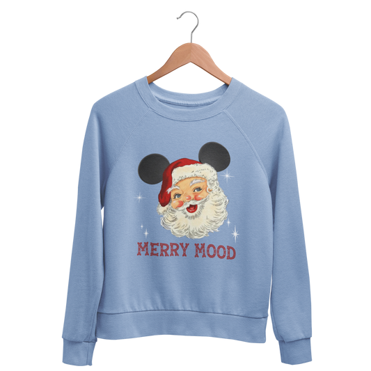 Blue sweatshirt with Santa Claus wearing Mickey ears and 'Merry Mood' text in a Christmas Font, perfect for Mickey's Very Merry Christmas Party at Walt Disney World
