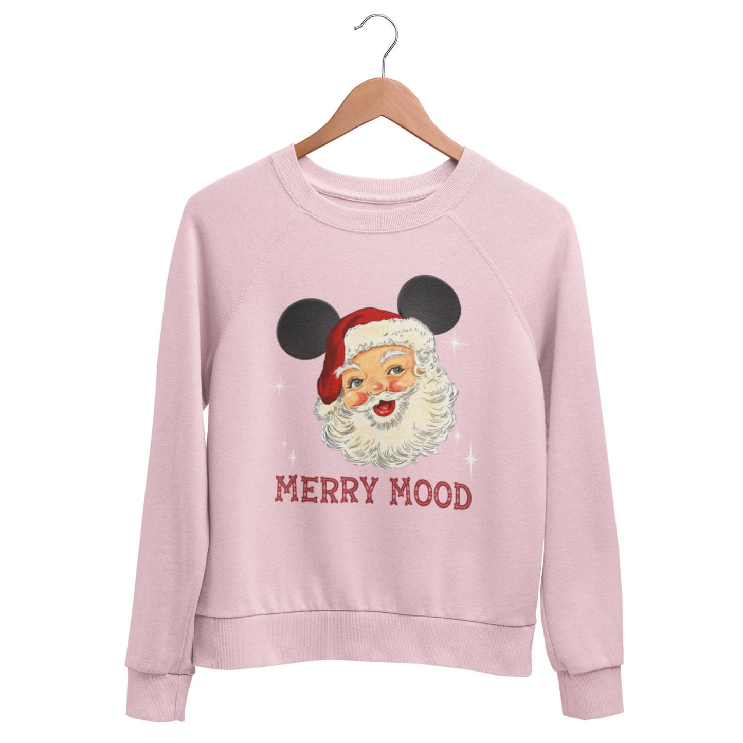 pink sweatshirt with Santa Claus wearing Mickey ears and 'Merry Mood' text in a Christmas Font, perfect for Mickey's Very Merry Christmas Party at Walt Disney World