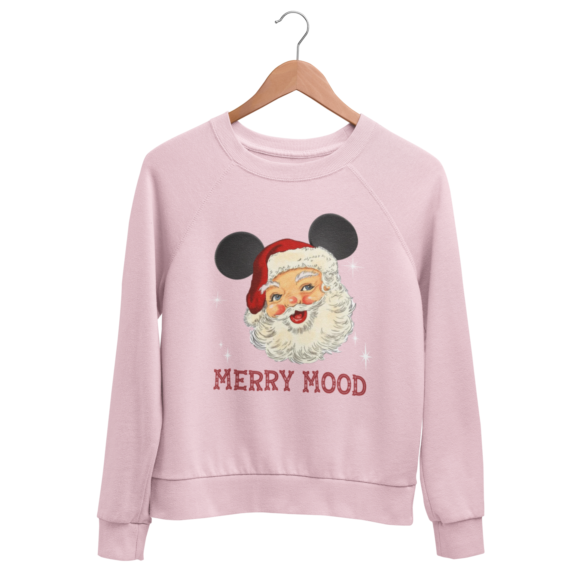 pink sweatshirt with Santa Claus wearing Mickey ears and 'Merry Mood' text in a Christmas Font, perfect for Mickey's Very Merry Christmas Party at Walt Disney World