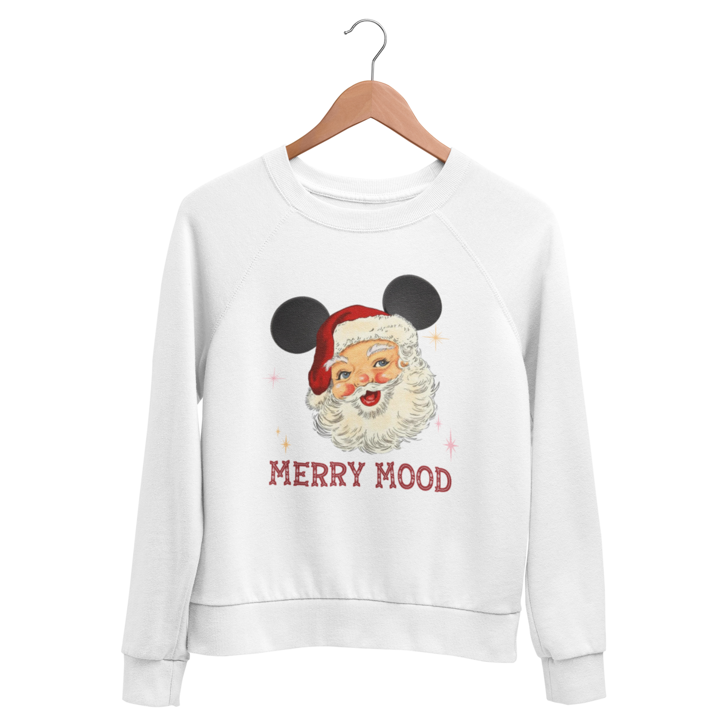 white sweatshirt with Santa Claus wearing Mickey ears and 'Merry Mood' text in a Christmas Font, perfect for Mickey's Very Merry Christmas Party at Walt Disney World