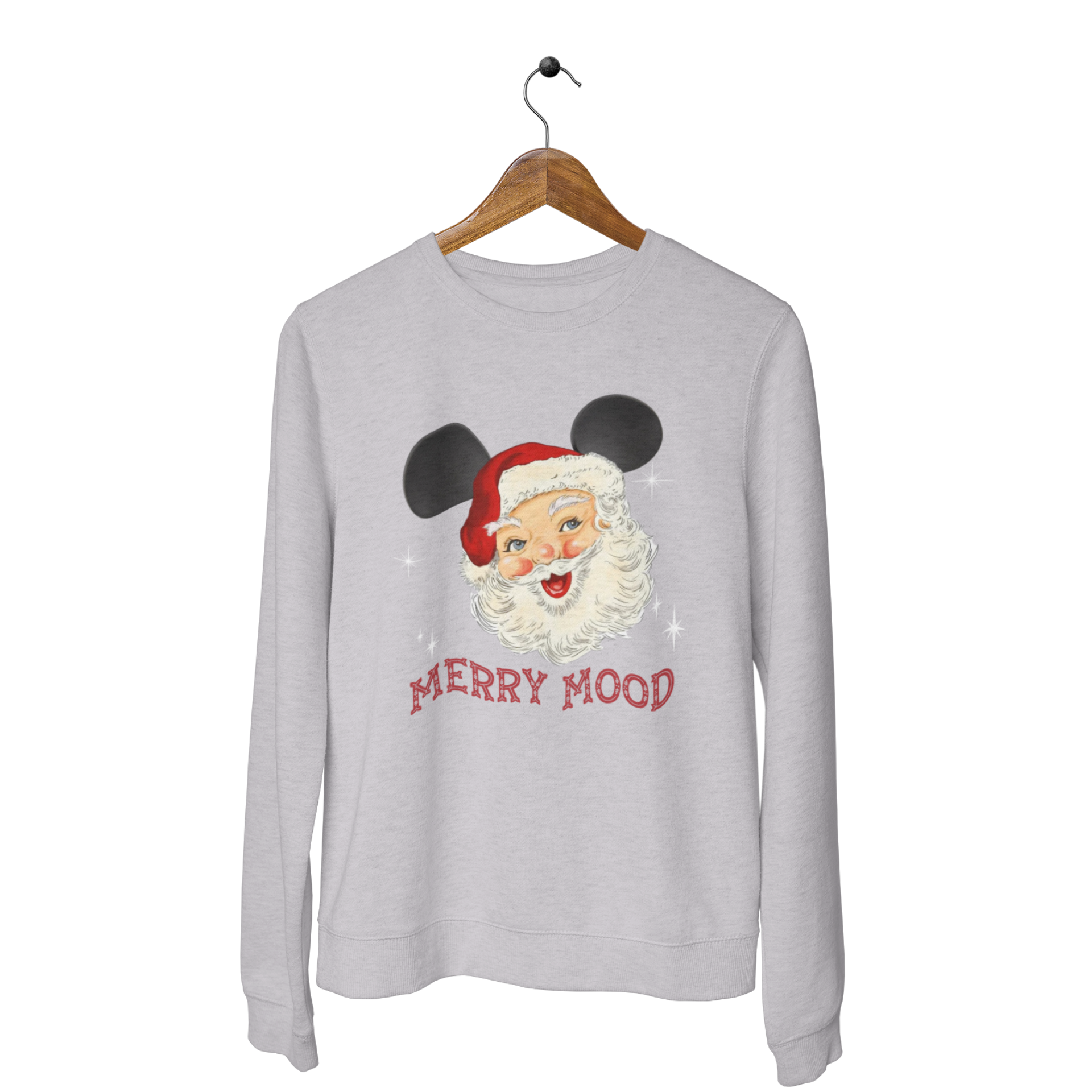 gray sweatshirt with Santa Claus wearing Mickey ears and 'Merry Mood' text in a Christmas Font, perfect for Mickey's Very Merry Christmas Party at Walt Disney World