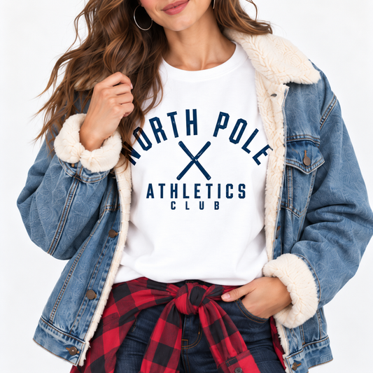 White North Pole Athletics Club sweatshirt with vintage navy winter graphic