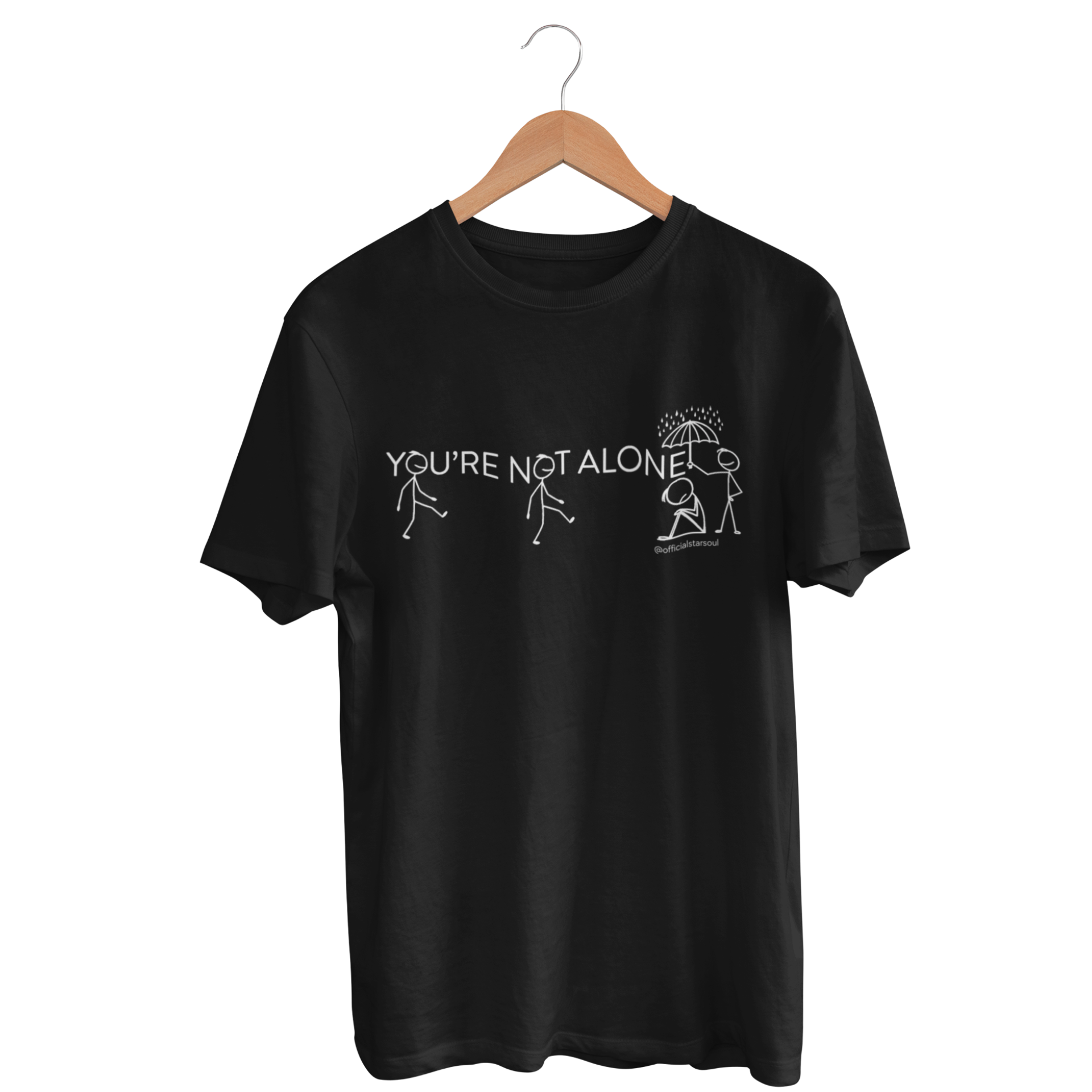Black t-shirt with white graphic design and text 'YOU'RE NOT ALONE!' 