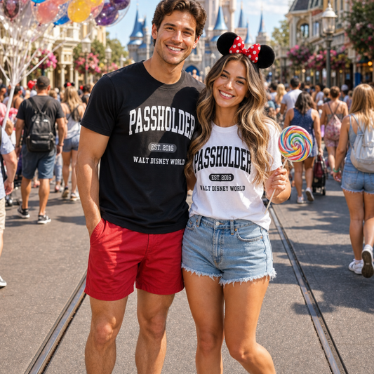 Disney passholder shirt couple outfit Main Street Magic Kingdom matching tees