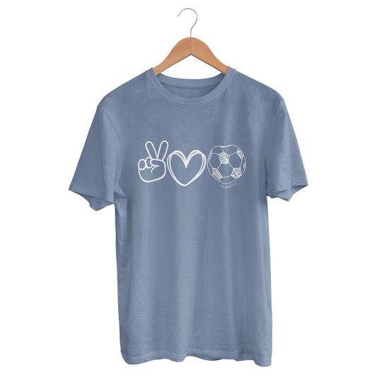 lavender blue t-shirt, unisex, with white drawing of peace sign hands, heart and soccer ball for world cup charity