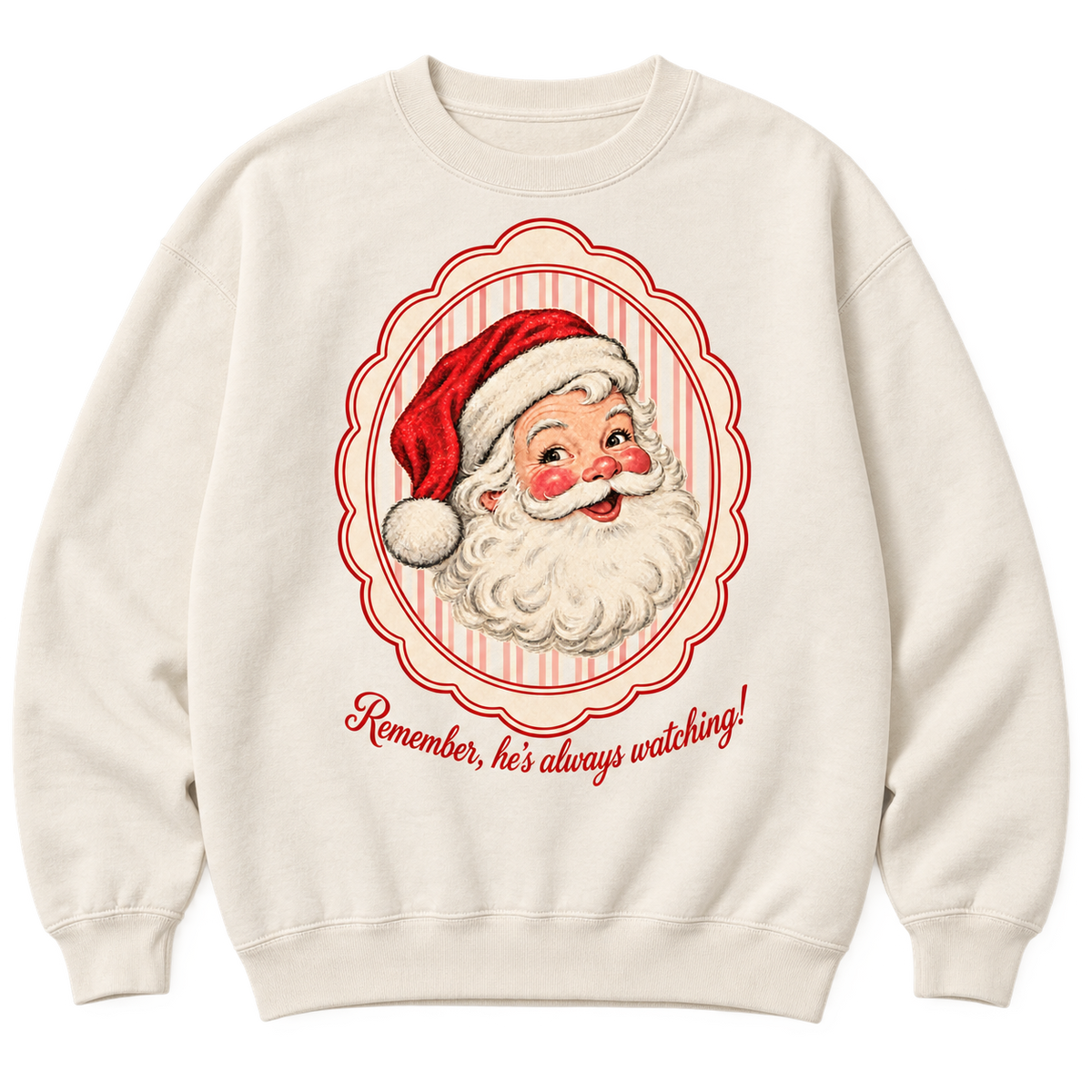 Ivory vintage Santa Christmas sweatshirt with retro portrait and he’s always watching design