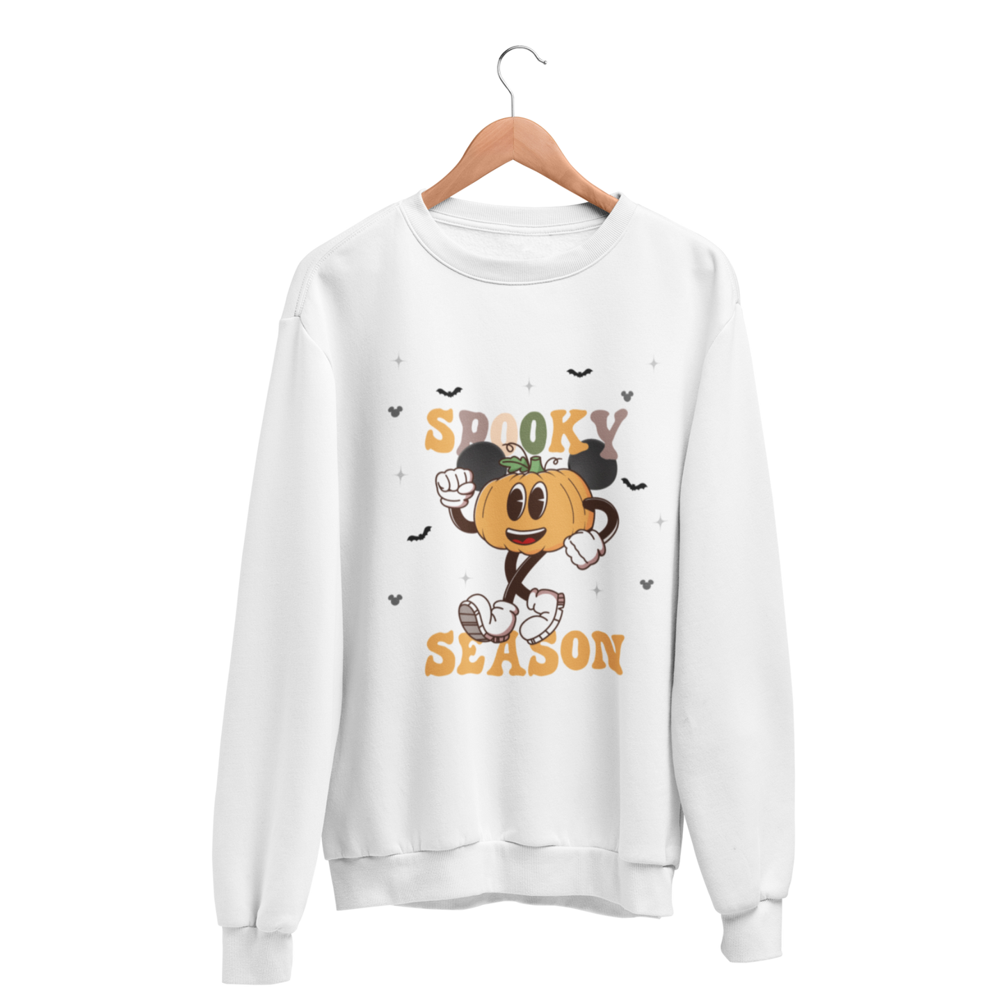 White sweatshirt with Disney Halloween-themed jack-o-lantern wearing Mickey Ears, perfect for Mickey's Not So Scary Party