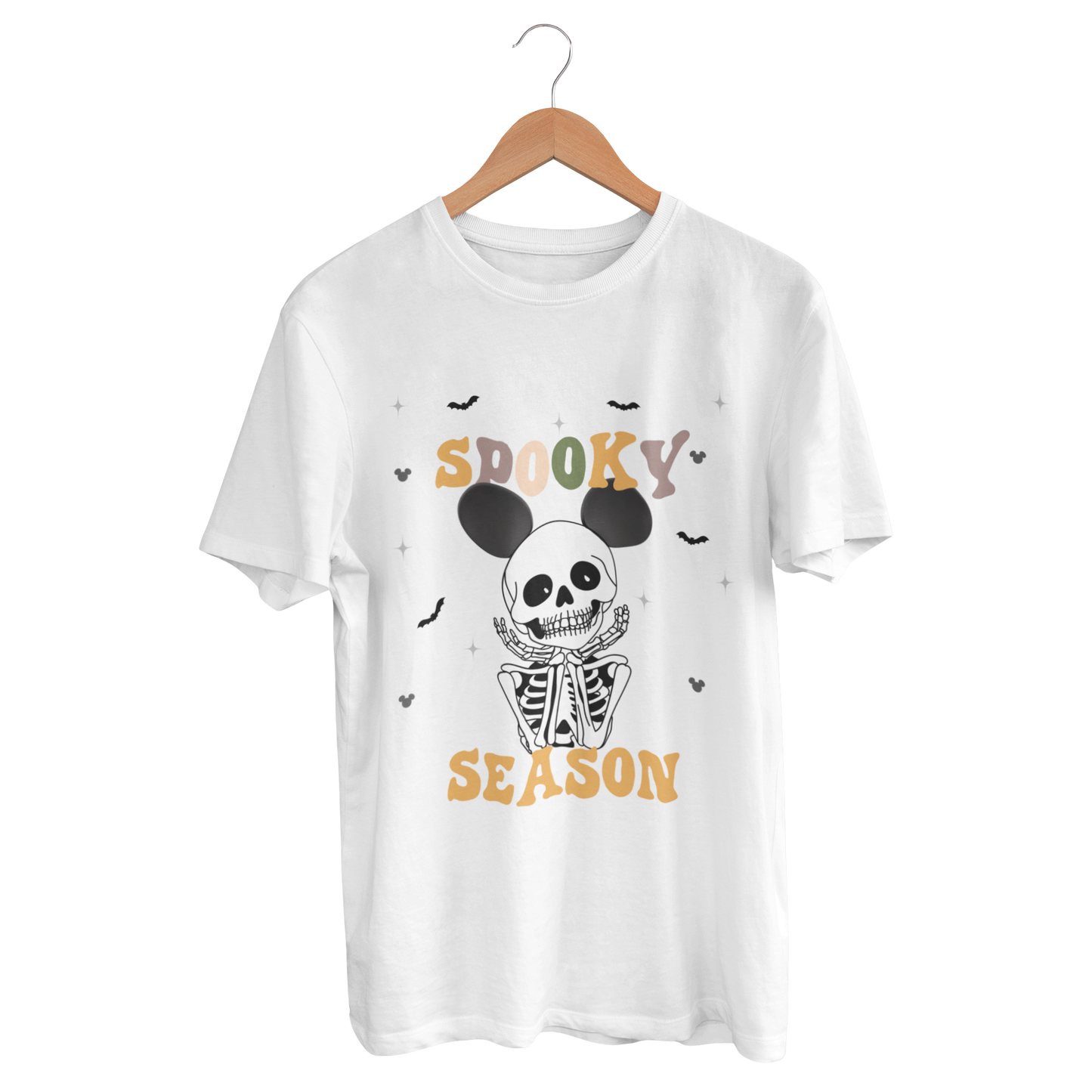 White t-shirt with Disney Halloween-themed skeleton smiling wearing Mickey Ears, perfect for Mickey's Not So Scary Party
