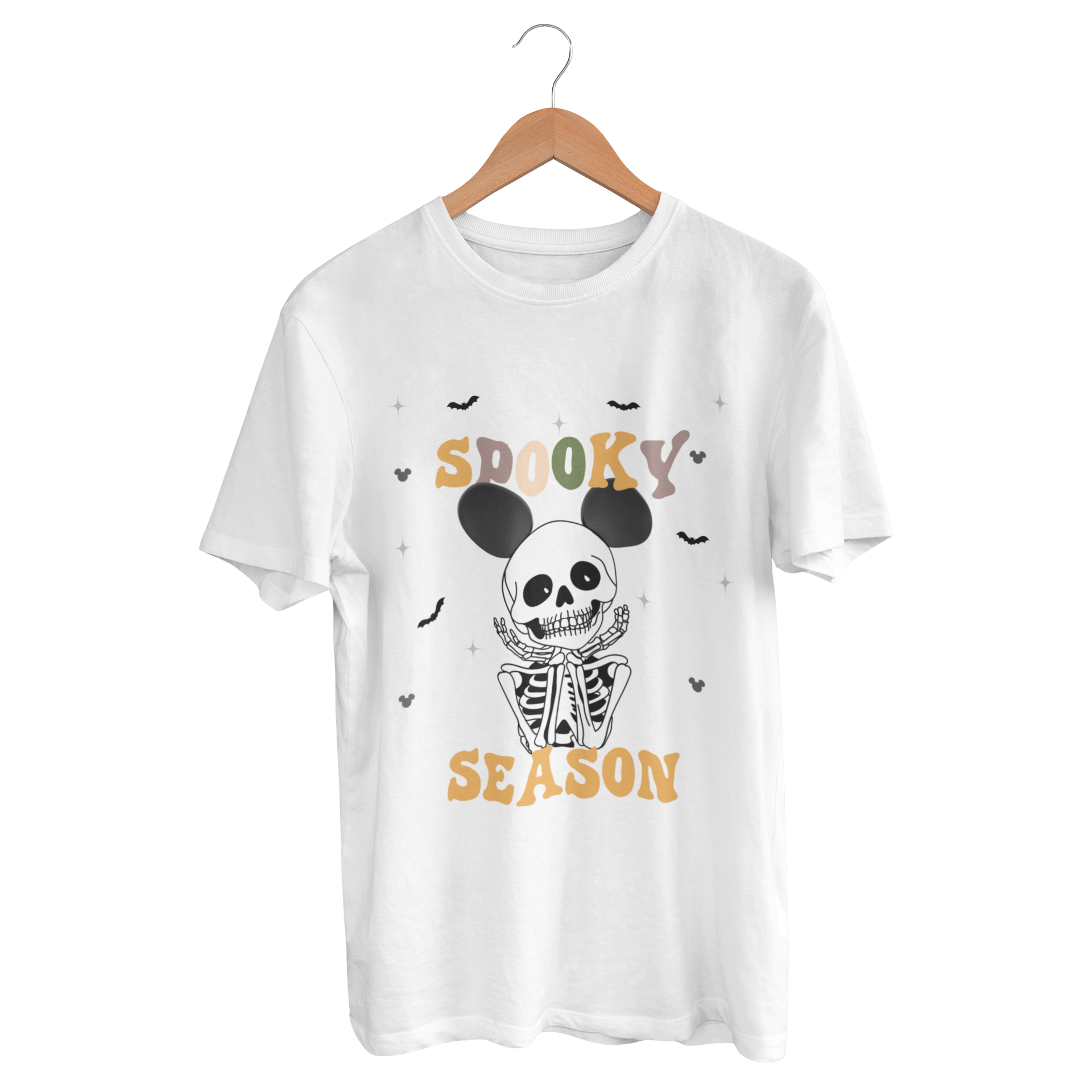 White t-shirt with Disney Halloween-themed skeleton smiling wearing Mickey Ears, perfect for Mickey's Not So Scary Party