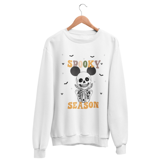 White sweatshirt with Disney Halloween-themed skeleton smiling wearing Mickey Ears, perfect for Mickey's Not So Scary Party