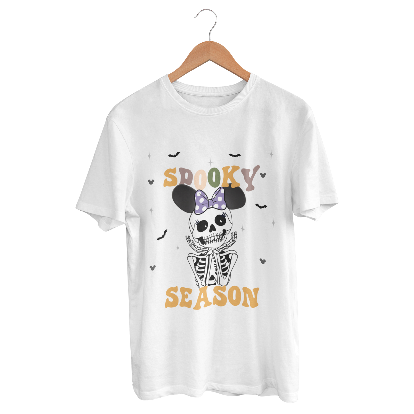 White t-shirt with Disney Halloween-themed skeleton smiling wearing Mickey Ears and Purple Minnie Bow, perfect for Mickey's Not So Scary Party